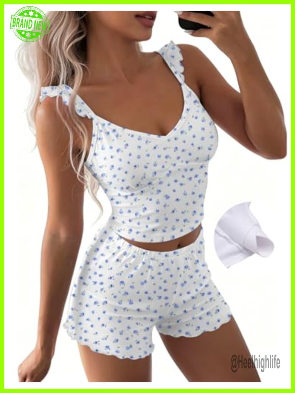 Women's Pajama Set with Ruffled Cami Top and Shorts, Built-in Shelf Bra